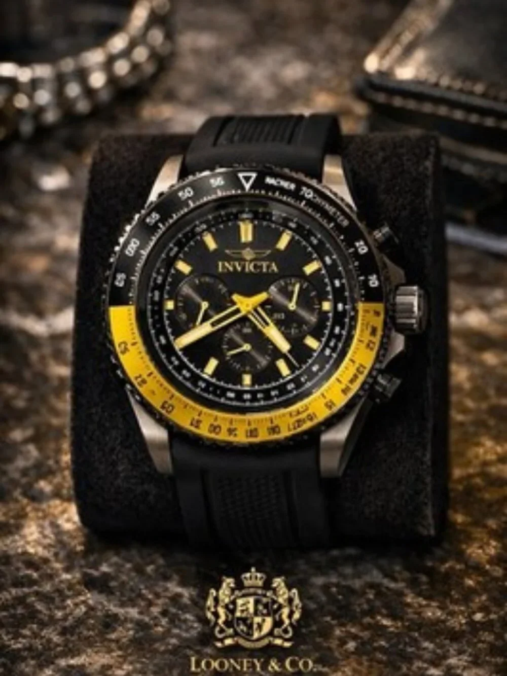 Invicta Men’s Chronograph Watch Black Dial Yellow Bezel Stainless Steel